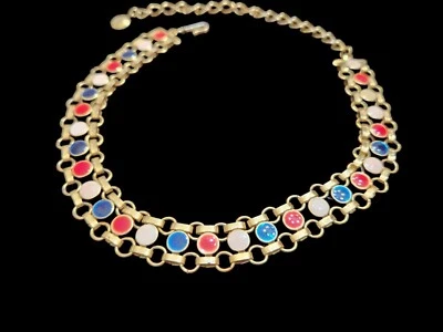 Collar de eslabones de cadena de libro antiguo tono dorado 15 1/2 pulgadas esmalte patriótico americano  Foto 1 de 4