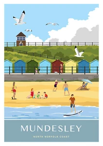 Print, Mundesley Beach Huts, North Norfolk, Art Deco style design, Poster, Print - Picture 1 of 3