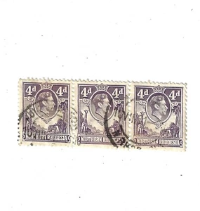 NORTHERN RHODESIA 1938-52 4d  violet SG36 used KGVI JOINT STRIP OF 3 - Picture 1 of 1