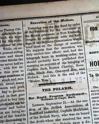 CAPTAIN JACK Modoc Indians Lava Beds War EXECUTIONS Hangings 1873 Old Newspaper - Image 1 of 3