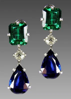 Handcrafted Deep Blue Sapphires, Green Emeralds & Lab-Created Diamonds Earrings - Image 1 of 4