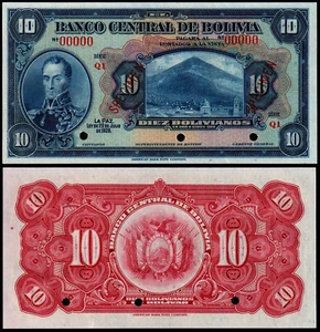 BOLIVIA 10 BOLIVIANOS (P121s) 1928 SPECIMEN 00000 UNC - Picture 1 of 1