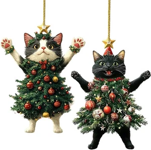 Funny Cat Christmas Ornaments–2D Black White Kittens Dressed as Christmas Trees - Picture 1 of 11