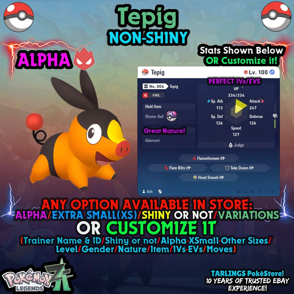 Pokemon Legends ZA 🦖 Tepig ALPHA LVL100 🎗️ BATTLE READY 🎗️ IVs/EVs/Nature - Image 1 of 1