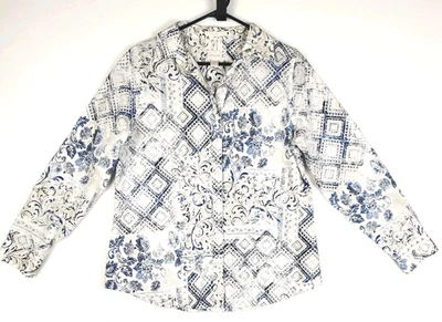 Chico's без железа кнопка спереди Sz 1 белый бежевый синий пейсли печать длинным рукавом  - Изображение 1 из 4