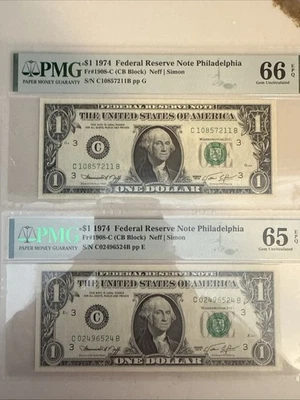 2x 1974 1 Dollar Bills PMG 65/66 EPQ - Image 1 of 2