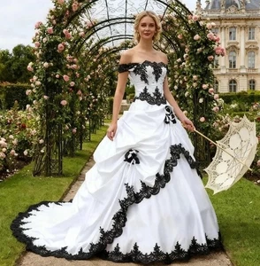 Vintage Black White Wedding Dress Off Shoulder Lace Applique Layered Bridal Gown - Picture 1 of 11