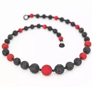 Halskette Kette Rot Schwarz Lava Perlen Lavastein Unika Handmade Damen Schmuck - Bild 1 von 7