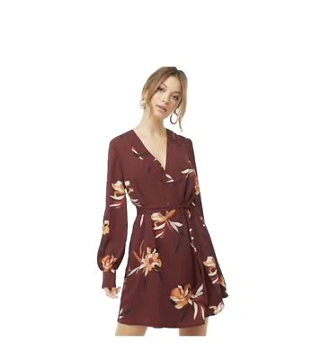FOREVER 21 Contemporary Burgundy Floral Print Long Sleeves Dress, Women’s Size S - Image 1 of 4