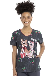 Rudolf Cherokee Scrubs Tooniforms Christmas V Neck Top TF626 RUVM - Picture 1 of 6