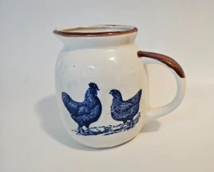 Glazed Ceramic Crock Style Cottage Country Creamer Blue Chickens 4 1/2" T. - Picture 1 of 6