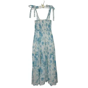 Kathleen Maeve Linen Blend Maxi Sun Dress Size S Blue White Floral Roses Smocked - Picture 1 of 9
