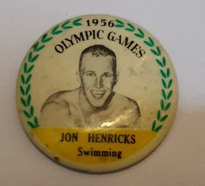 Vintage 1956 Olympics JON HENRICKS Swimming Australian Button Tin Badge - Bild 1 von 3