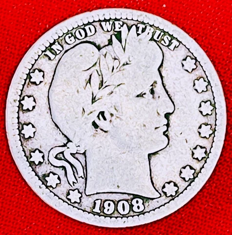 1908-D Barber Silver Quarter 25c 1908 D Denver Mint VF Cover