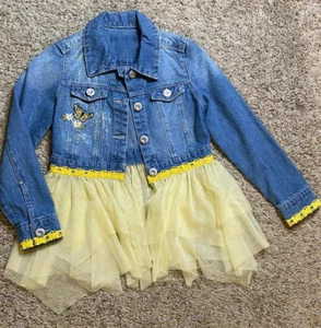 Upcycled Girls Blue Denim Jean Jacket Glitter Yellow Butterflies Lace Size 9 - Picture 1 of 12