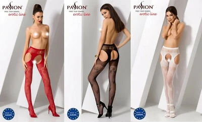 PASSION OUVERT STRUMPFHOSE SCHWARZ ROT WEISS STRAPSOPTIK clubwear gogo netz - Bild 1 von 4