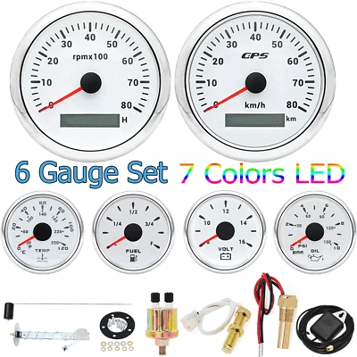 6 Gauge Set 85mm GPS Speedometer 80km/h Tacho&52mm Fuel Oil Temp Volt w/ Sensor - Image 1 of 4