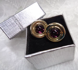 Vtg Estate Jewelry ~ Unbranded Goldtone Round PURPLE CABOCHON Clip On Earrings - Picture 1 of 4