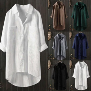 Plus Size Womens Cotton Linen Shirts Ladies Summer Casual Baggy Long Blouse Tops - Picture 1 of 18