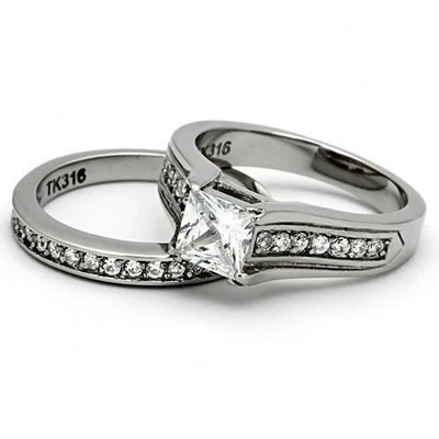 1.25Ct Princess Cut CZ Stainless Steel Wedding Band Bridal Ring Set Size 5-10 - Image 1 of 4