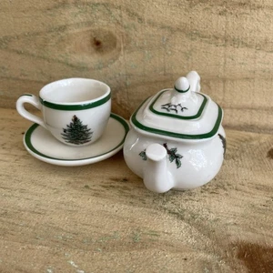 Spode Christmas Tree Mini Tea Set Teapot Cup Saucer Porcelain Holiday Decor - Picture 1 of 9