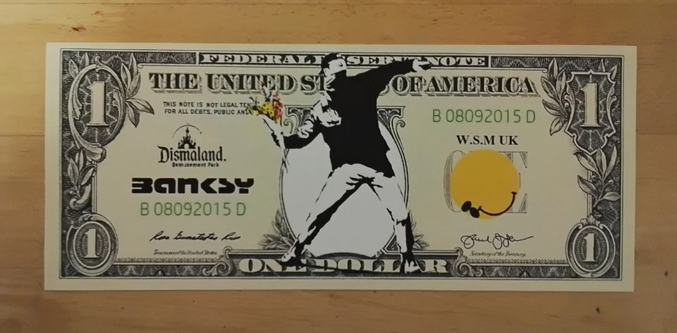 Billete de lienzo moneda lúgubre obra de arte Dismaland Banksy Glastonbury Peckham rock  Foto 1 de 2