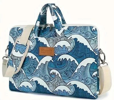 Blue Waves Ocean Laptop Computer Bag Geometric Zip Pockets Shoulder Strap Sea - Image 1 of 4