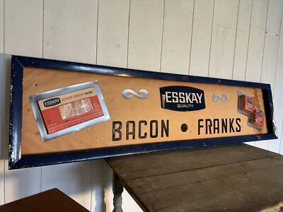 Letrero de tocino de ensayo de la década de 1950 para perros calientes granja arte popular comercio publicidad Foto 1 de 4
