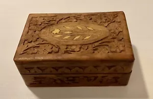 Vintage 1960’s Carved Wooden Hinged With Bone Inlay Tobacco Jewelry Stash Box - Picture 1 of 6