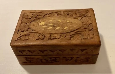 Vintage 1960’s Carved Wooden Hinged With Bone Inlay Tobacco Jewelry Stash Box - Image 1 of 4