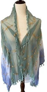 Sheer Scarf Wrap Shawl Gauze Blue Green Ombre Fringed Rising Tide 62 X 24 Inches - Picture 1 of 5
