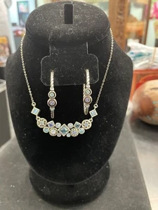 BRIGHTON HALO AURORA TANZANITE PURPLE BLUE SWAROVSKI CRYSTL NECKLACe earrings - Picture 1 of 5