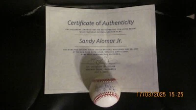 PADRES/INDIANS SANDY ALOMAR JR. AUTOGRAPHED MLB BASEBALL W/COA - Image 1 of 2
