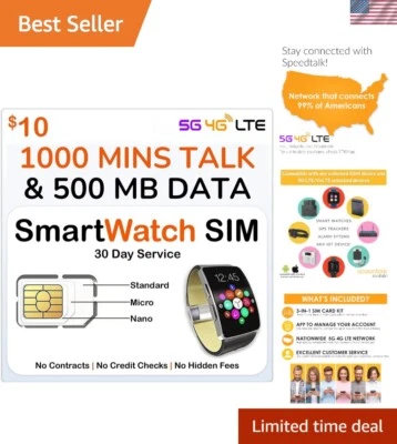 Affordable Smart Watch SIM Card - 1000 Min Talk, 500MB Data, Worldwide Roaming - Image 1 of 4