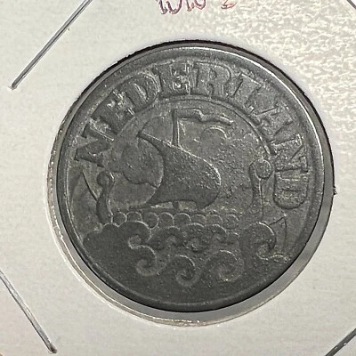 1942 NETHERLANDS WW2 25 CENTS VIKING SHIP COIN - Image 1 of 2