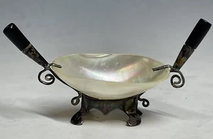 Antique Victorian Sterling Silver Mother of Pearl Shell Open Salt Tableware 19th - Picture 1 of 19