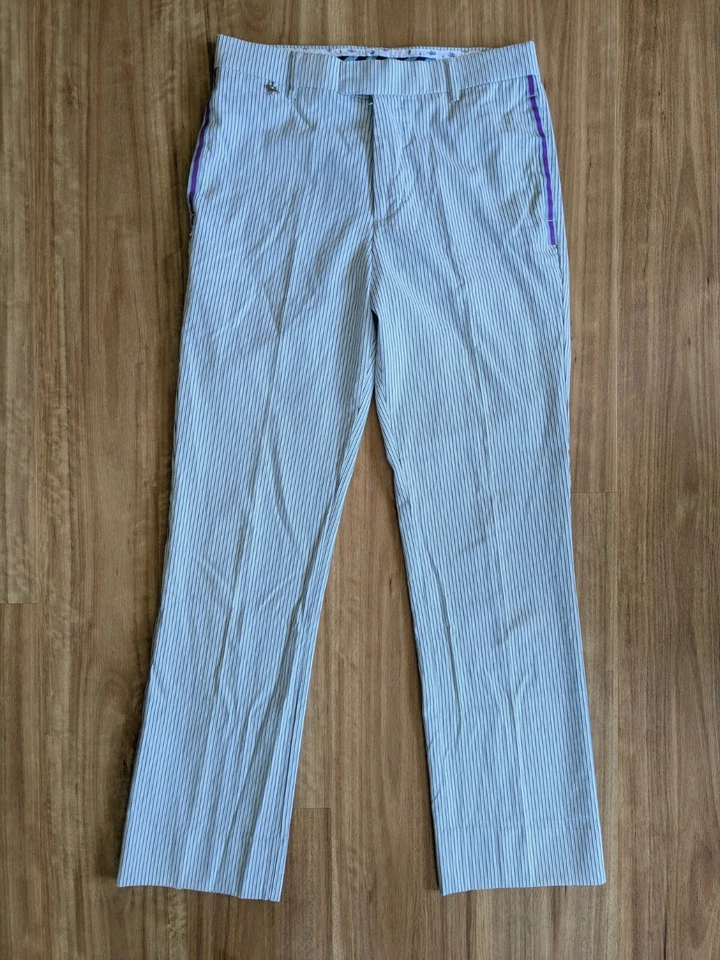 Pantalones de diversión modernos blancos/azules/púrpura talla M proxeneta/años 80/90 talla 30 como nuevos Foto 1 de 4
