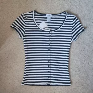 Just Polly Striped Button Front Ribbed Babydoll Shirt Cropped Black White Size M - Picture 1 of 4