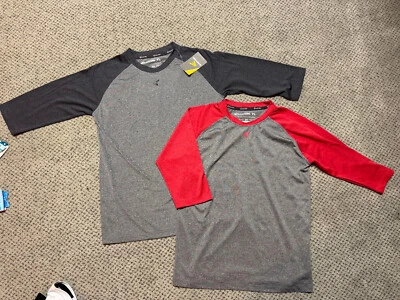 Lote de 2 camisetas Easton de béisbol manga 3/4 cuello redondo jóvenes grandes grises y rojas Foto 1 de 2