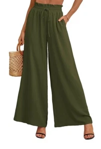 Women's Solid Elastic Waist Wide Leg Palazzo Pants With Pockets Olive Gree Large - Picture 1 of 5