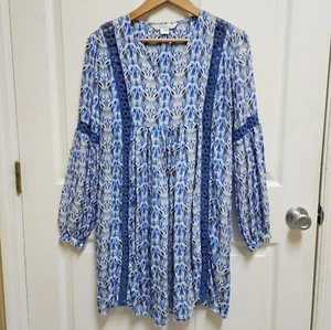 Ella Moss Dress Coverup XS Blue Ikat Crochet Balloon Long Sleeve Beach Boho - Picture 1 of 16