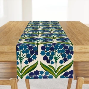 Vintage Pom Pom Flower Hydrangea Flowers Green Large Printed Table Runner - Picture 1 of 5
