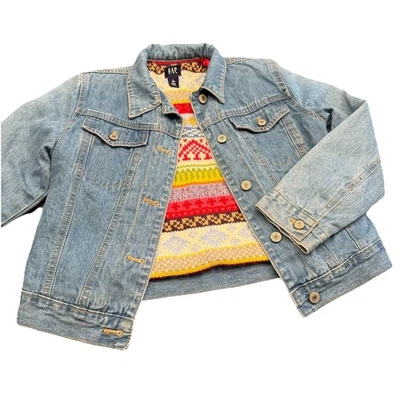 De Colección GAP Niños Azul Denim Jean Chaqueta Suéter Forrado Arco Iris Fair Isle Grande 10 Y2K Foto 1 de 4