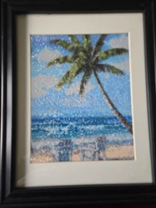 Completed Diamond Art work painting - Beach Chairs under palm tree. Framed - Picture 1 of 1
