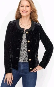 TALBOT'S Black Velvet Quilted Collarless Jacket Gold Button Accents 1X Holiday  - Picture 1 of 7