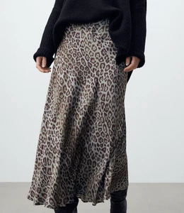 Massimo Dutti Blue Brown Animal Print Slip A-line Satin Midi Skirt K14 EU42  L - Picture 1 of 23