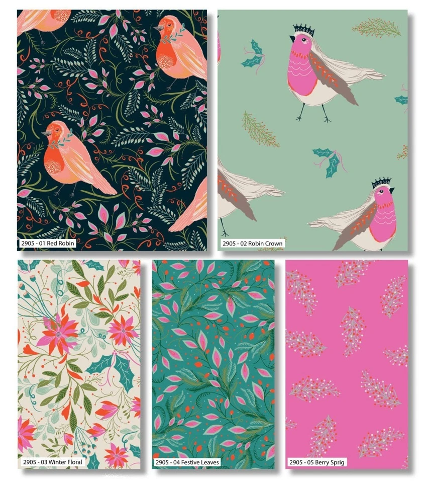 CRAFT COTTON COMPANY Bethany Salt Jolly Robin Floral Holly Christmas off Pink Craft Cotton Fabric 45"