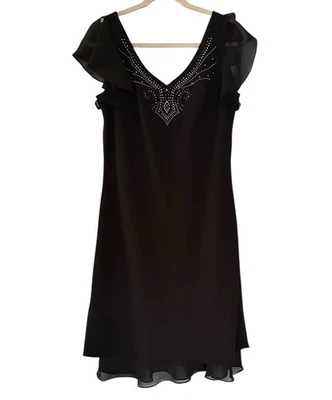 Vtg Sheri Martin Dress Sz 14 Black Chiffon Overlay Rhinestone Whimsigoth Witchy - Image 1 of 4
