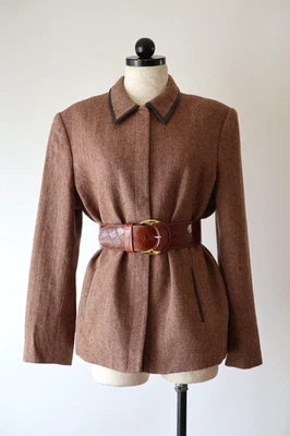 Chaqueta cuadrada vintage años 90 marrón lana tweed imitación cuero ribete frente a presión para mujer L Foto 1 de 4