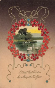 LOVELY ART NOUVEAU NEW YEAR POSTCARD SWANS FLORAL WREATH EMBOSSED 1907 093025 U - Picture 1 of 2
